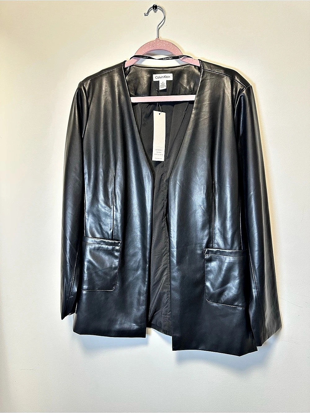 Calvin Klein Black Faux Leather Open Front Jacket Blazer Size 12 NWT